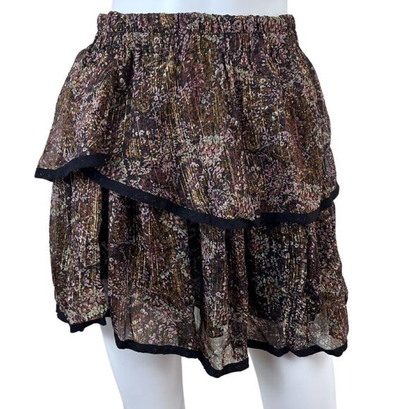 Allison Women Size L Black Tiered Floral Pull On Metallic Mini NEW Skirt Peasant - Picture 1 of 13